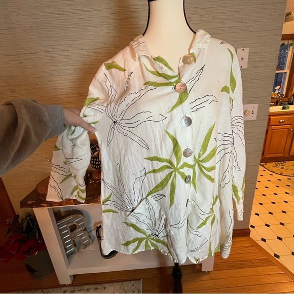 HABITAT 100% Linen Button Up Langenlook Top Blouse White Green Womans Size Small - Picture 5 of 12